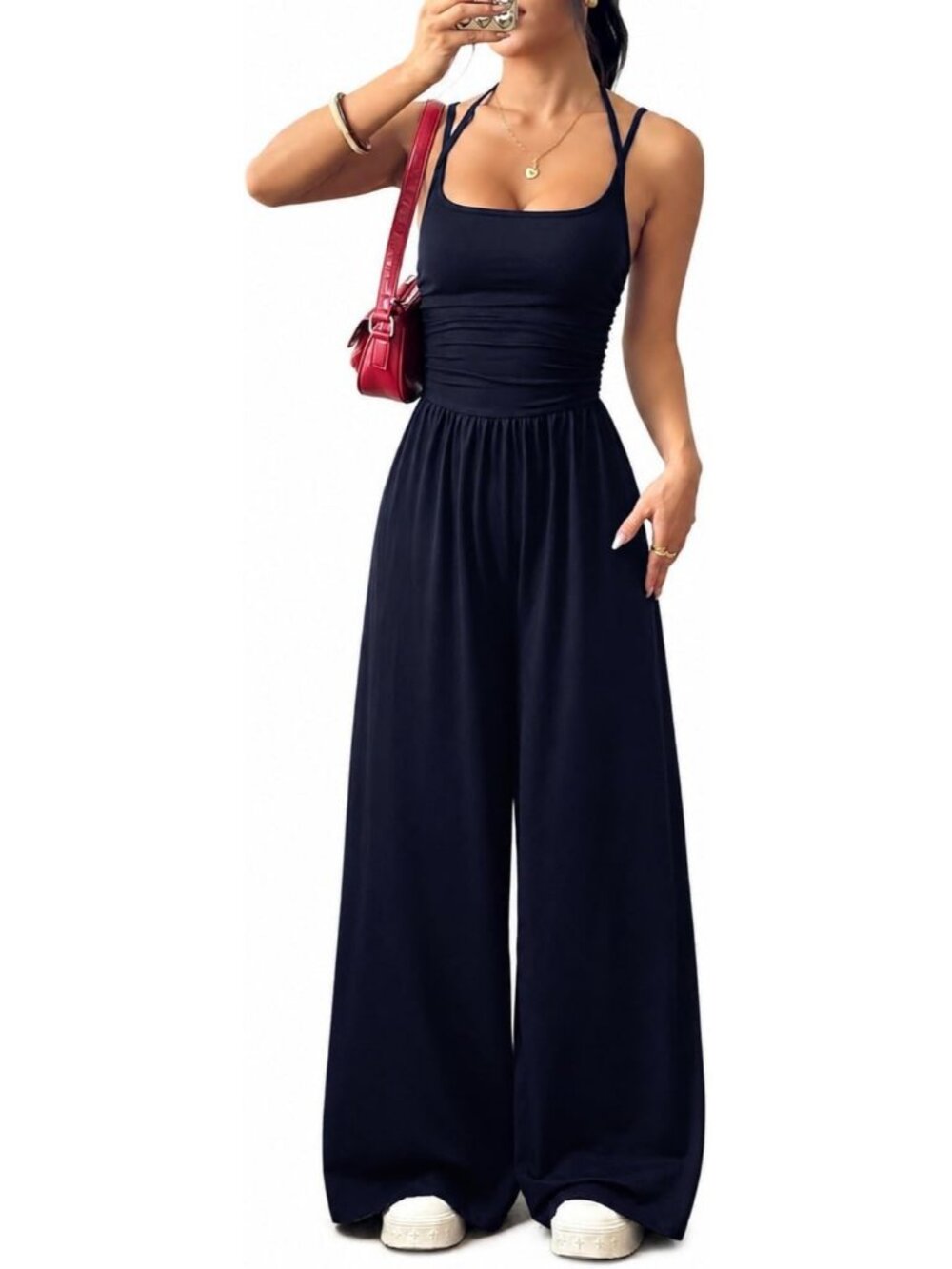Women's Deep Blue Sleeveless Spaghetti Strap Wide Leg Square Neckline Jumpsuits
